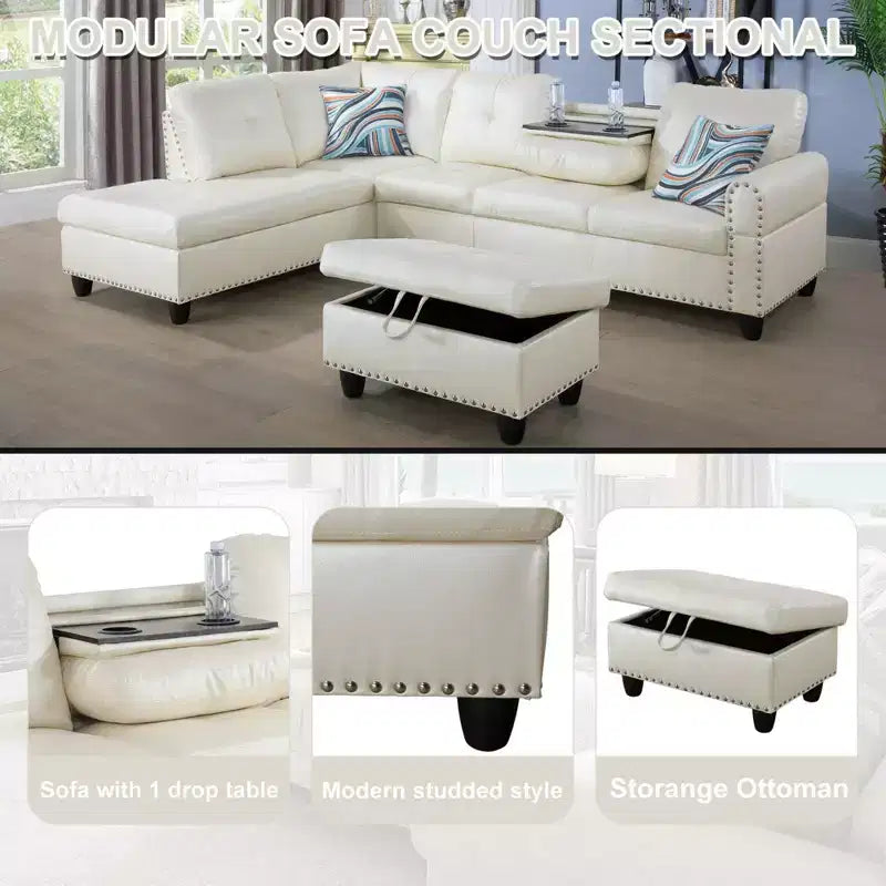 3-Piece L-Shaped Combination Sofa Set, Ginger Semi Pu Synthetic Leather Sofa