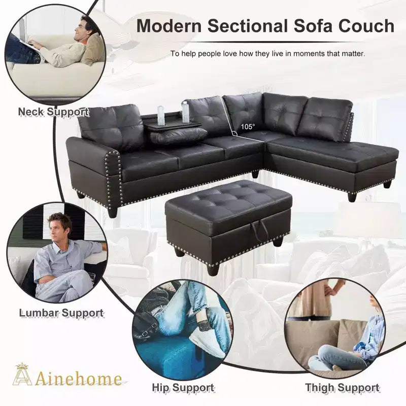 3-Piece L-Shaped Combination Sofa Set, Ginger Semi Pu Synthetic Leather Sofa