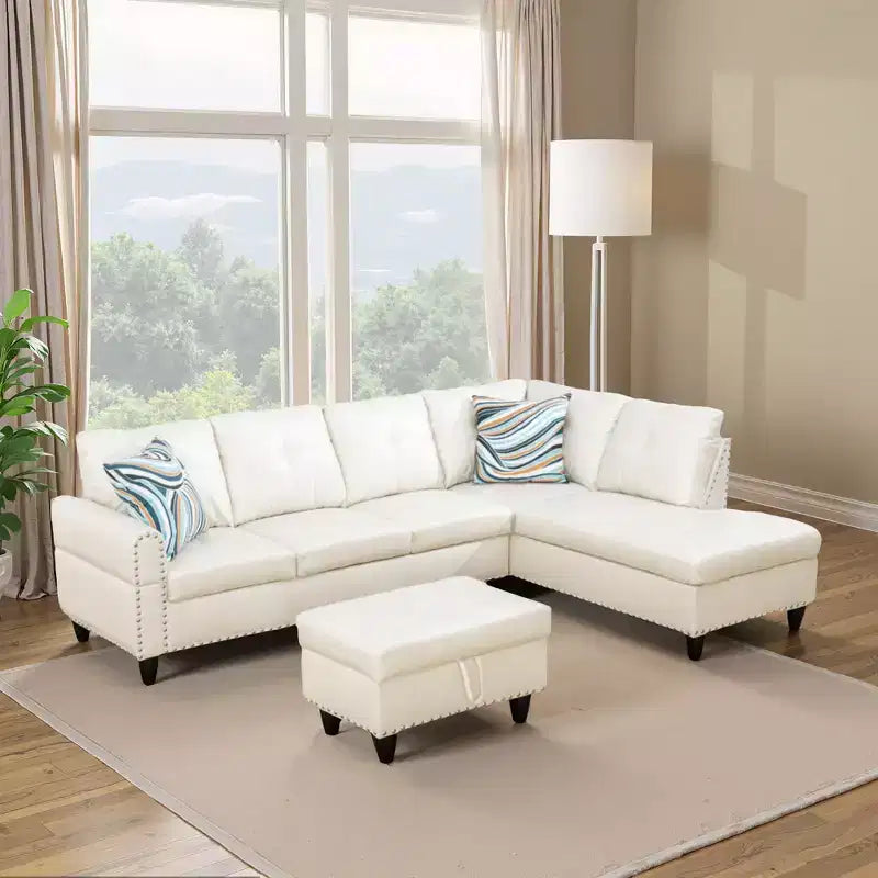3-Piece L-Shaped Combination Sofa Set, Ginger Semi Pu Synthetic Leather Sofa