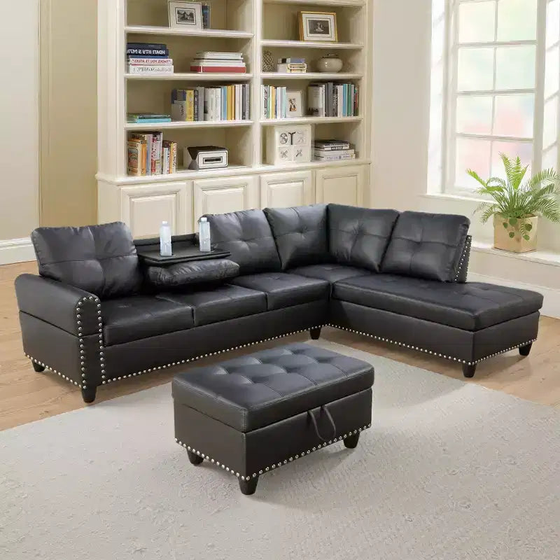 3-Piece L-Shaped Combination Sofa Set, Ginger Semi Pu Synthetic Leather Sofa