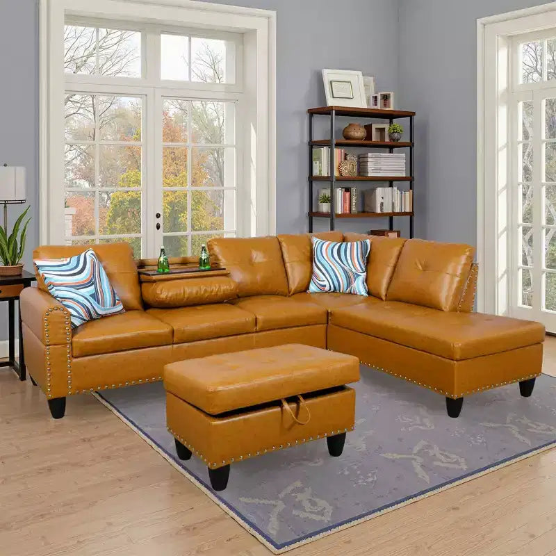 3-Piece L-Shaped Combination Sofa Set, Ginger Semi Pu Synthetic Leather Sofa