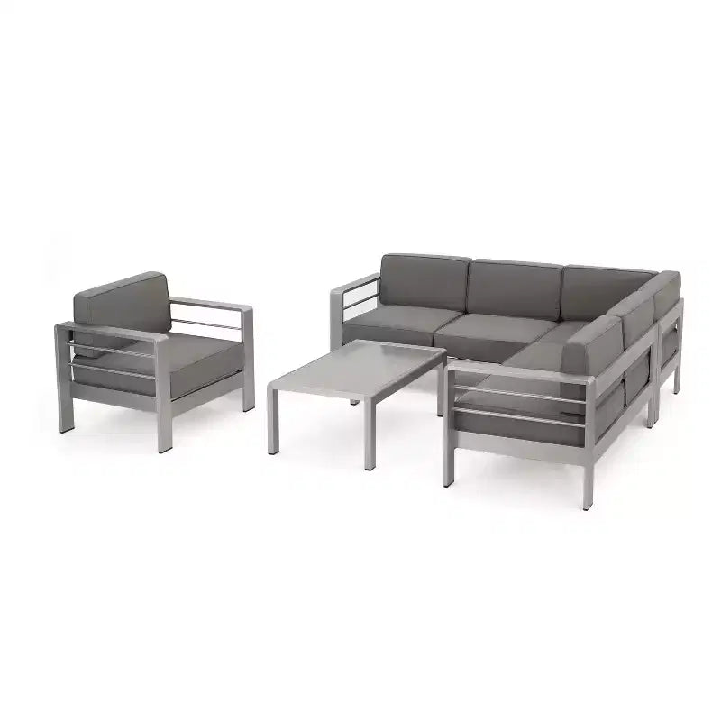 Christopher Knight Home Cape Coral Outdoor Aluminum 6 Seater Sectional Sofa and Club Chair Chat Set