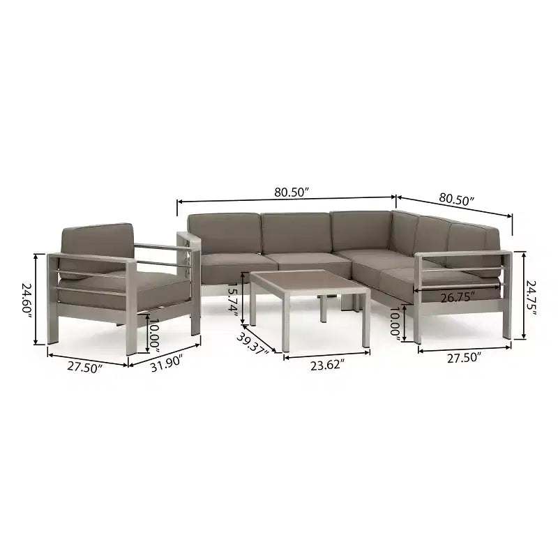 Christopher Knight Home Cape Coral Outdoor Aluminum 6 Seater Sectional Sofa and Club Chair Chat Set