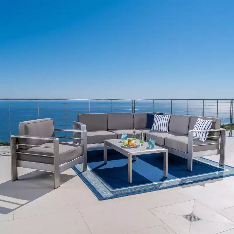 Christopher Knight Home Cape Coral Outdoor Aluminum 6 Seater Sectional Sofa and Club Chair Chat Set