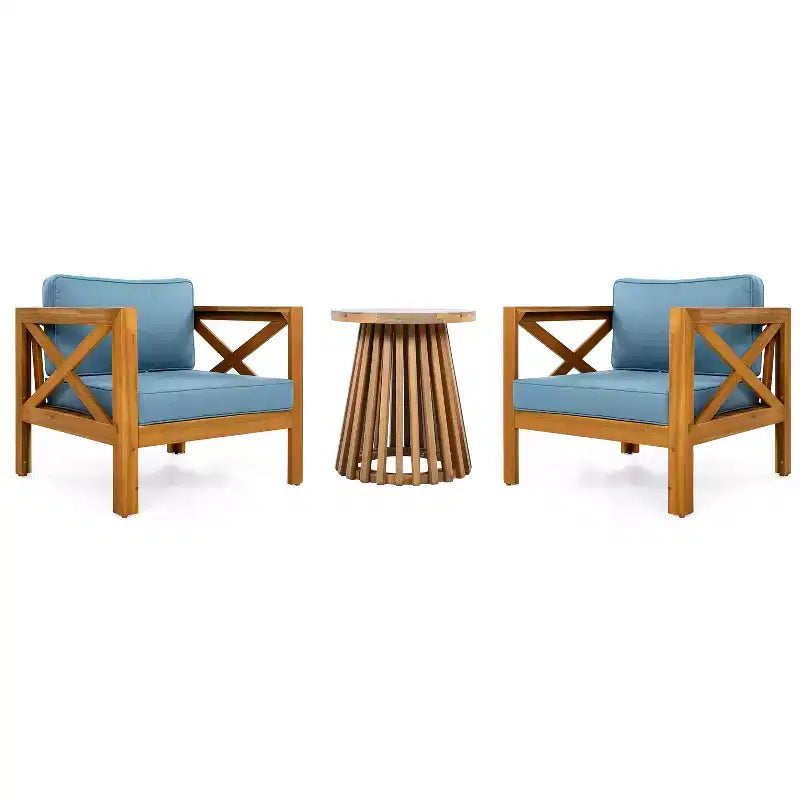 Christopher Knight Home Kairos Transitional 3 Piece Patio Acacia Wood Club Chairs with Round Accent Table