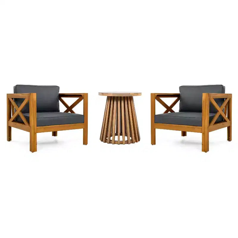 Christopher Knight Home Kairos Transitional 3 Piece Patio Acacia Wood Club Chairs with Round Accent Table