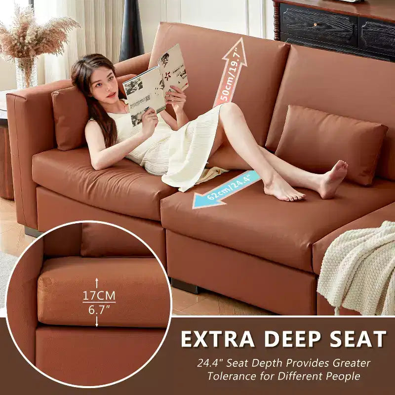 Divano componibile in pelle Mid Century Modern, divano in vera pelle arancione con gambe in metallo, 2 cuscini, seduta profonda per soggiorno