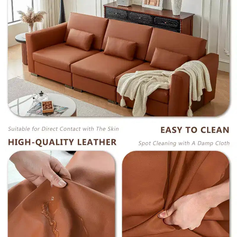Divano componibile in pelle Mid Century Modern, divano in vera pelle arancione con gambe in metallo, 2 cuscini, seduta profonda per soggiorno