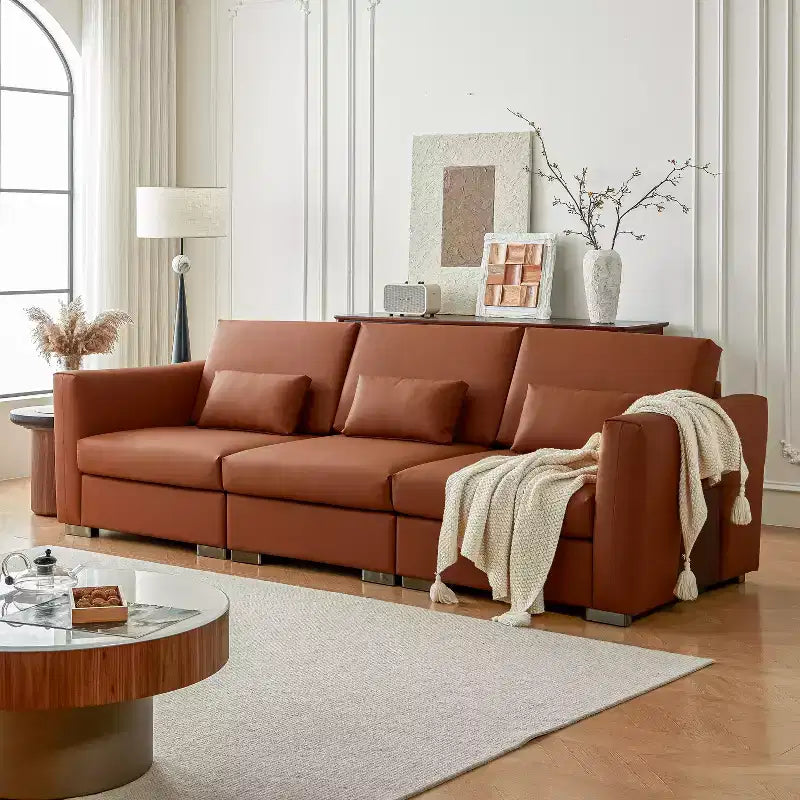 Divano componibile in pelle Mid Century Modern, divano in vera pelle arancione con gambe in metallo, 2 cuscini, seduta profonda per soggiorno