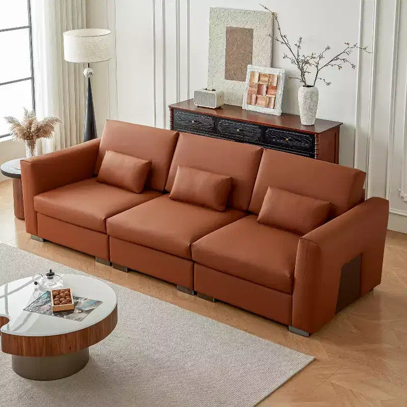 Divano componibile in pelle Mid Century Modern, divano in vera pelle arancione con gambe in metallo, 2 cuscini, seduta profonda per soggiorno