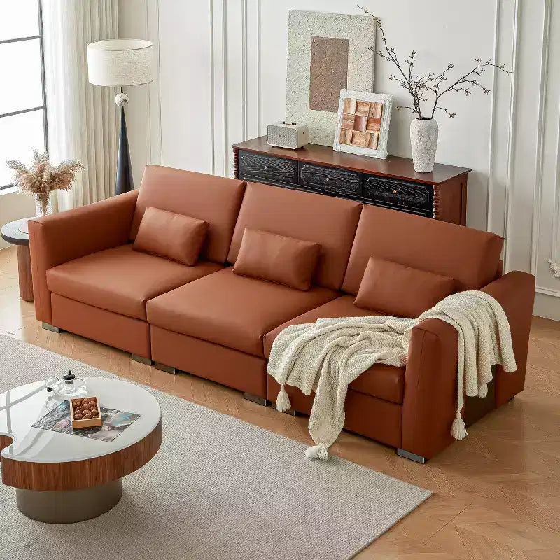 Divano componibile in pelle Mid Century Modern, divano in vera pelle arancione con gambe in metallo, 2 cuscini, seduta profonda per soggiorno