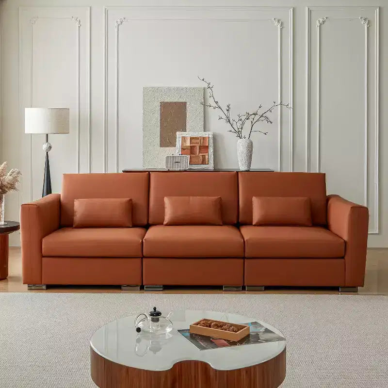 Divano componibile in pelle Mid Century Modern, divano in vera pelle arancione con gambe in metallo, 2 cuscini, seduta profonda per soggiorno