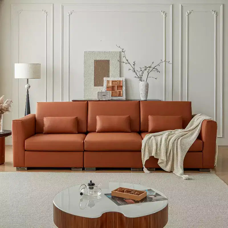 Divano componibile in pelle Mid Century Modern, divano in vera pelle arancione con gambe in metallo, 2 cuscini, seduta profonda per soggiorno