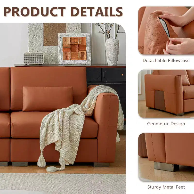 Divano componibile in pelle Mid Century Modern, divano in vera pelle arancione con gambe in metallo, 2 cuscini, seduta profonda per soggiorno
