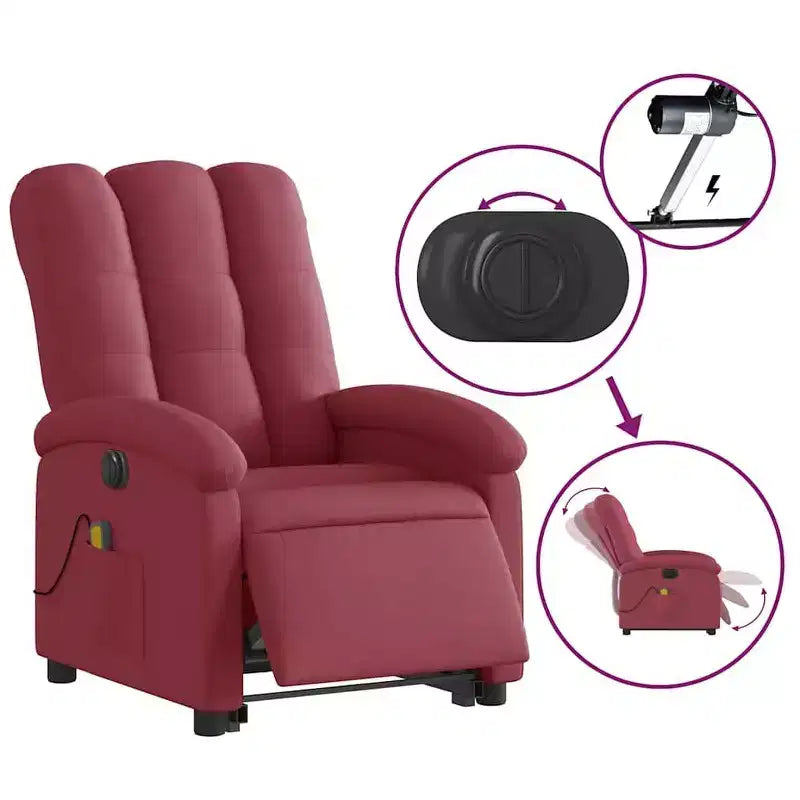 Poltrona Reclinabile Elettrica con Massaggio e Sollevamento - Tessuto Rosso Vino, Assistenza alla Postura Motorizzata, Reclinabile, Vibrazione, Home Theater