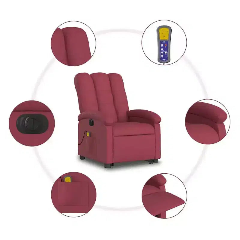 Poltrona Reclinabile Elettrica con Massaggio e Sollevamento - Tessuto Rosso Vino, Assistenza alla Postura Motorizzata, Reclinabile, Vibrazione, Home Theater