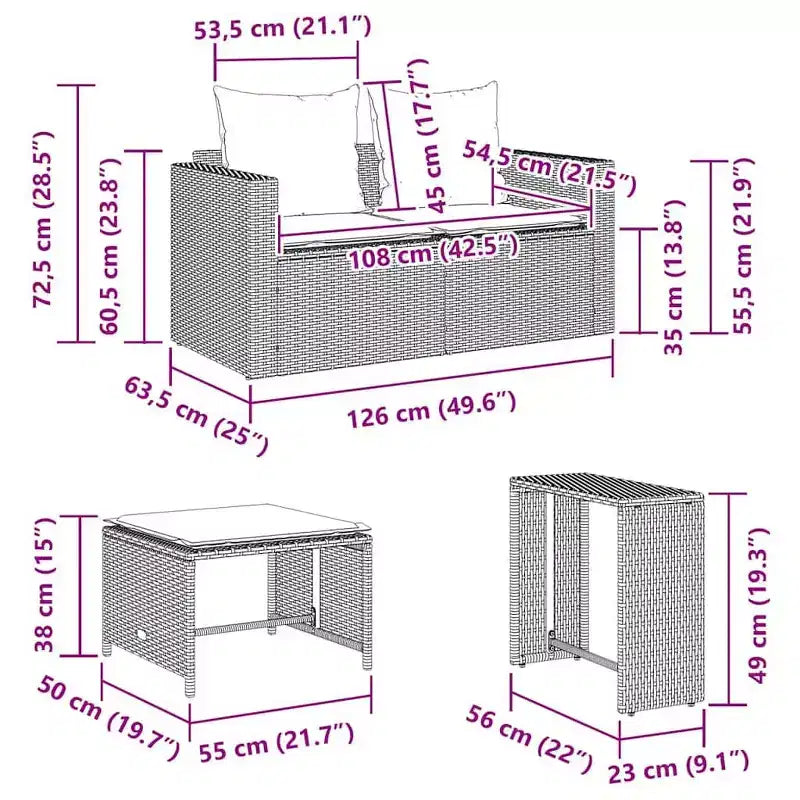 vidaXL 5 Piece Patio Sofa Set with Cushions Stackable Gray Poly Rattan - Gray Dark Gray