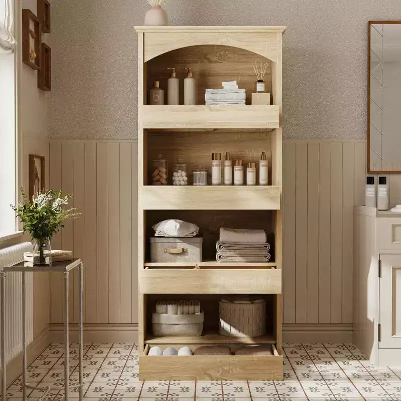 Mobiletto da bagno in legno con ripiani e cassetto portaoggetti per articoli da toilette