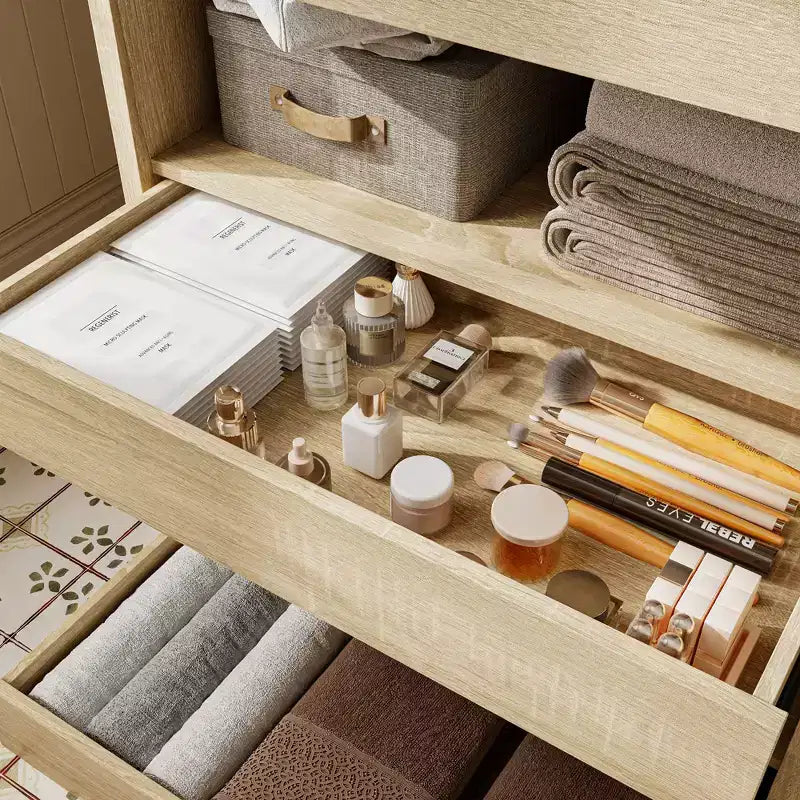 Mobiletto da bagno in legno con ripiani e cassetto portaoggetti per articoli da toilette