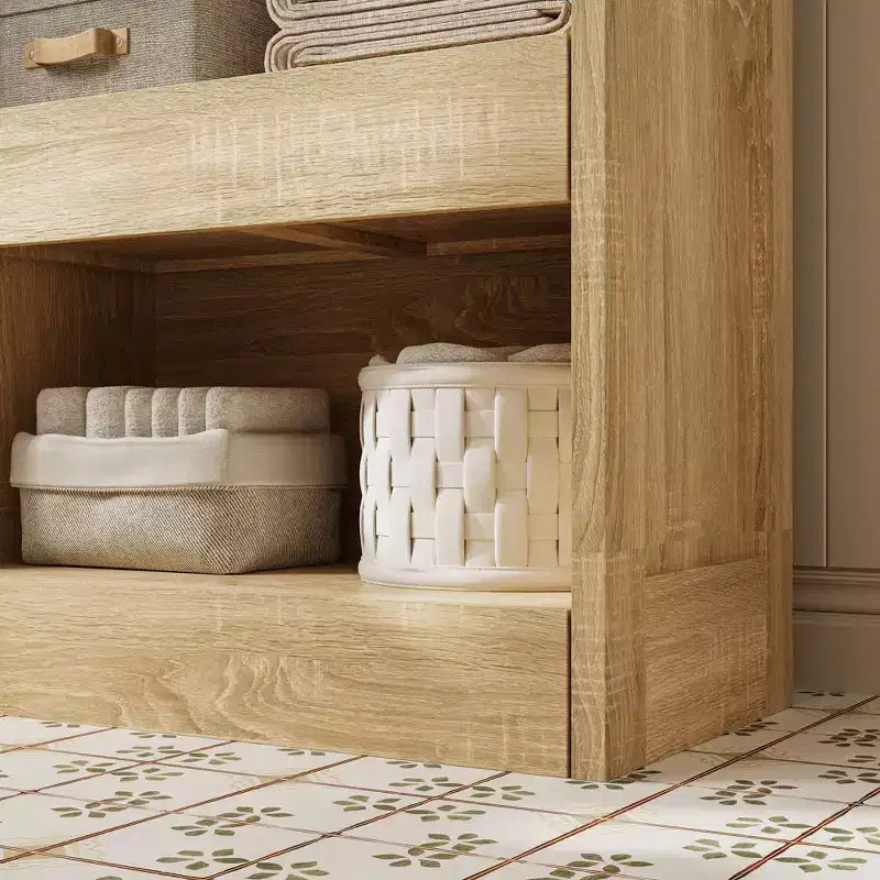 Mobiletto da bagno in legno con ripiani e cassetto portaoggetti per articoli da toilette