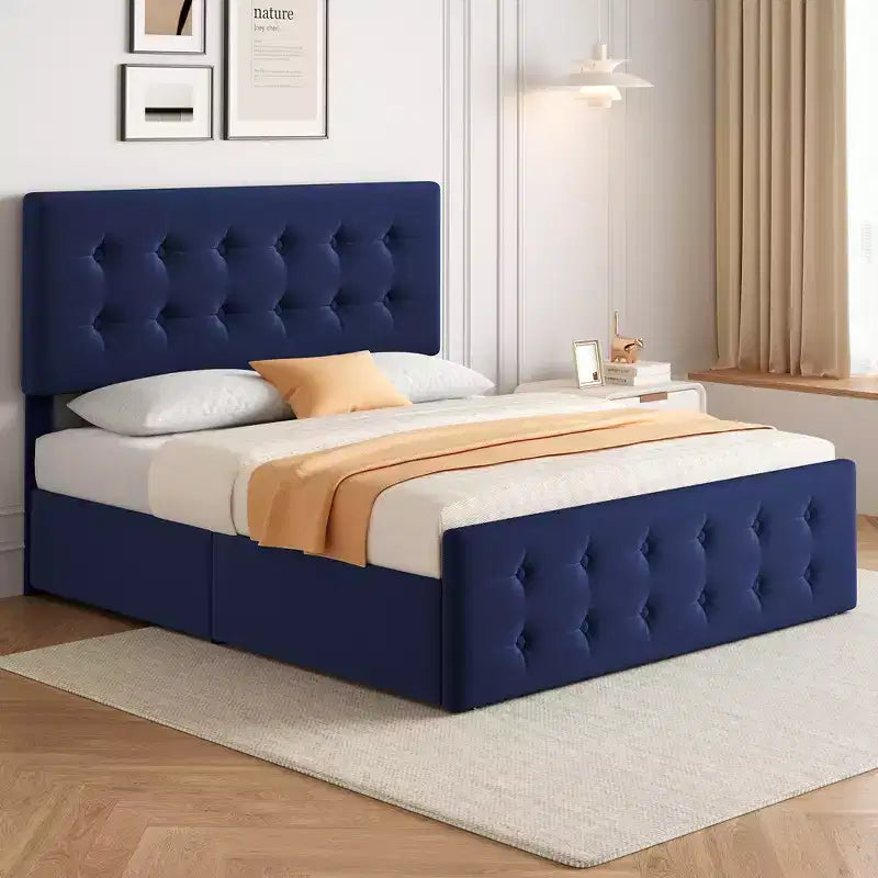 Struttura letto imbottita in lino con 4 cassetti contenitore | Struttura in metallo e testiera trapuntata | Supporto con doghe in legno | Nessuna rete a molle richiesta