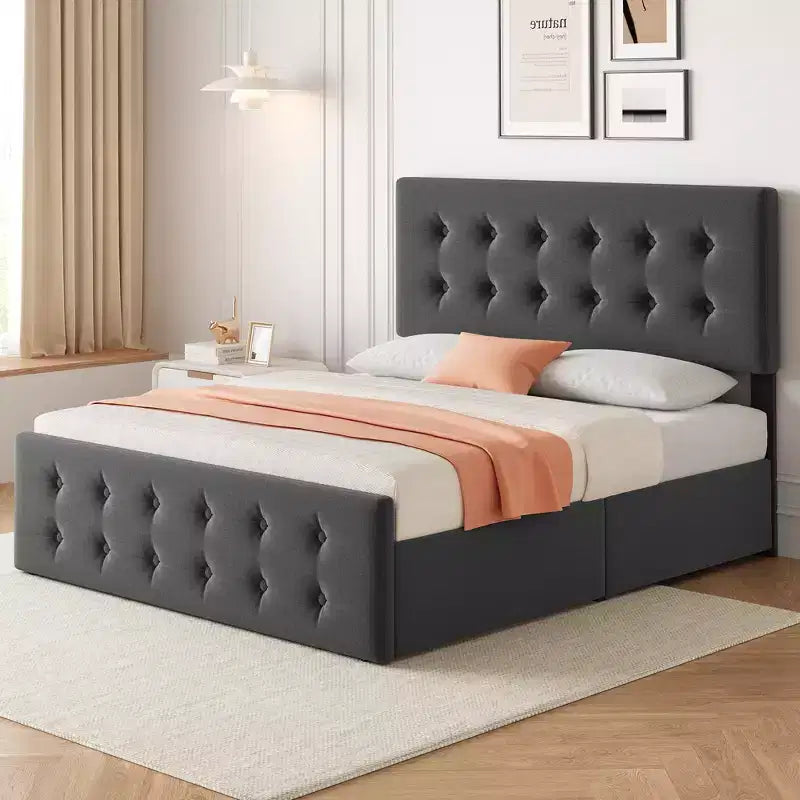 Struttura letto imbottita in lino con 4 cassetti contenitore | Struttura in metallo e testiera trapuntata | Supporto con doghe in legno | Nessuna rete a molle richiesta