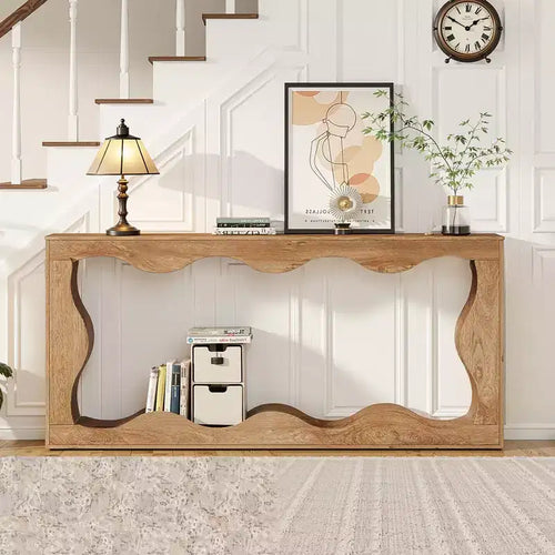 MAYEERTY 63 Wavy Scalloped 2-Tier Console Table, Retro Farmhouse Entryway Table with Natural Wood Grain