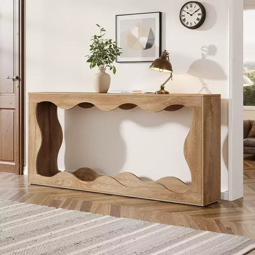 Tavolo consolle a 2 ripiani con bordo ondulato da 63", tavolo da ingresso rustico retrò con venature naturali del legno