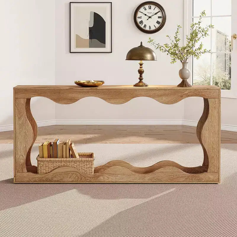 Tavolo consolle a 2 ripiani con bordo ondulato da 63", tavolo da ingresso rustico retrò con venature naturali del legno
