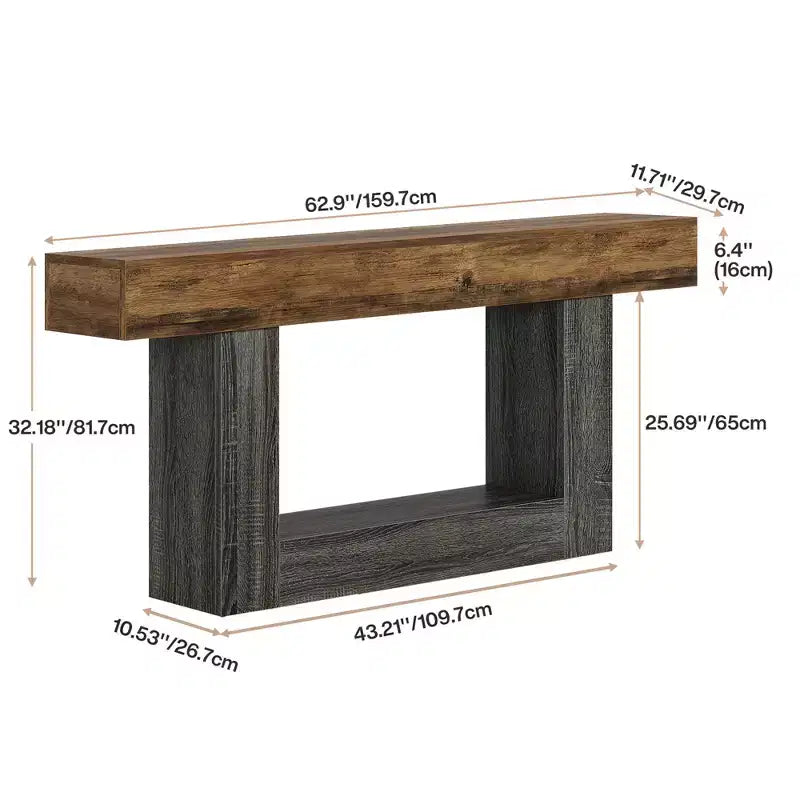 Tavolo consolle a 2 ripiani con bordo ondulato da 63", tavolo da ingresso rustico retrò con venature naturali del legno