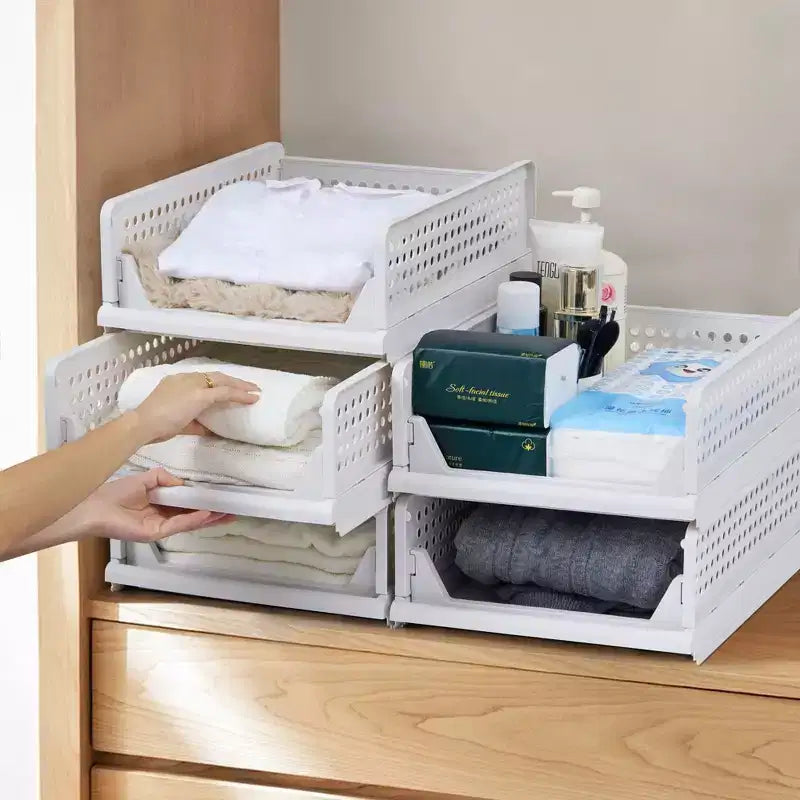 Organizzatore per armadio a 4 ripiani in plastica, cassetti impilabili per maglioni, organizer pieghevole per guardaroba, grigio