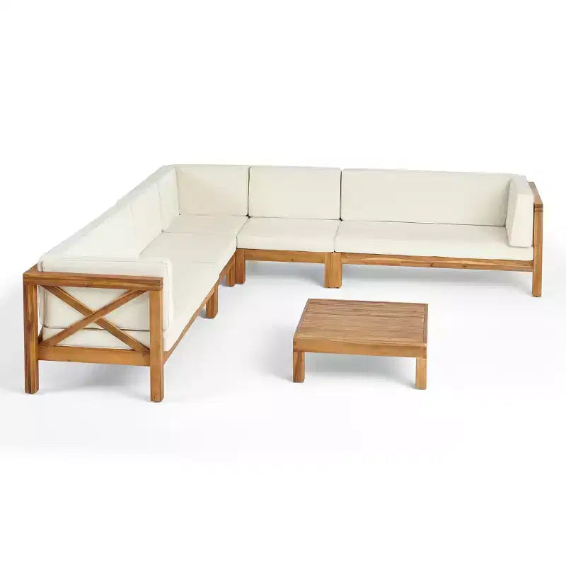 Christopher Knight Home Julie 6 Piece V-Shape Outdoor Acacia Wood Sectional Set with Coffee Table and Cushions