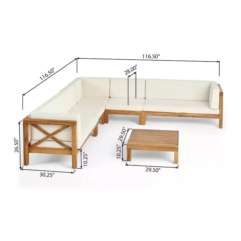 Christopher Knight Home Julie 6 Piece V-Shape Outdoor Acacia Wood Sectional Set with Coffee Table and Cushions