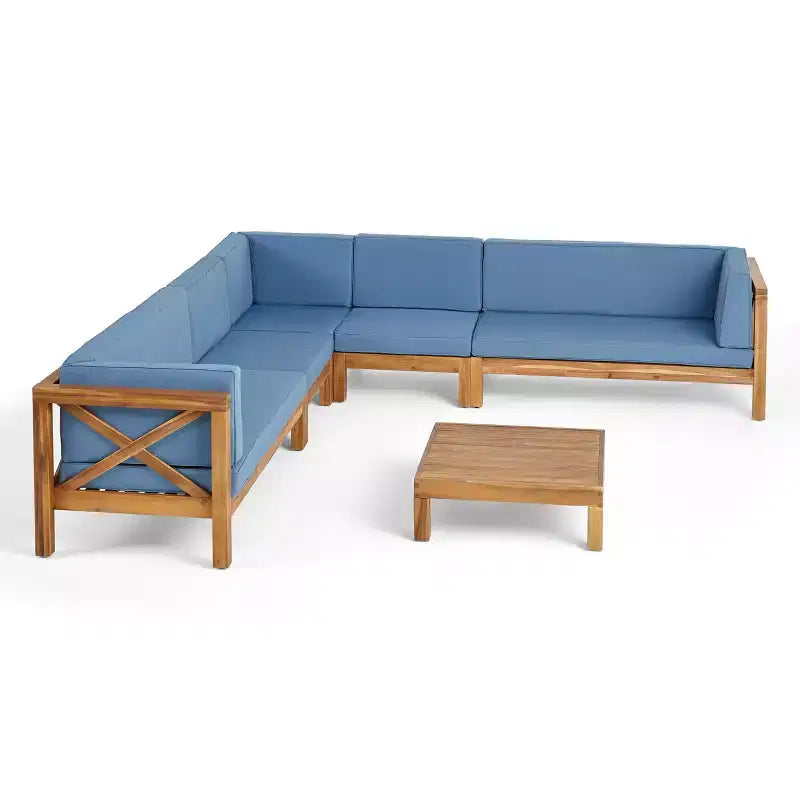 Christopher Knight Home Julie 6 Piece V-Shape Outdoor Acacia Wood Sectional Set with Coffee Table and Cushions
