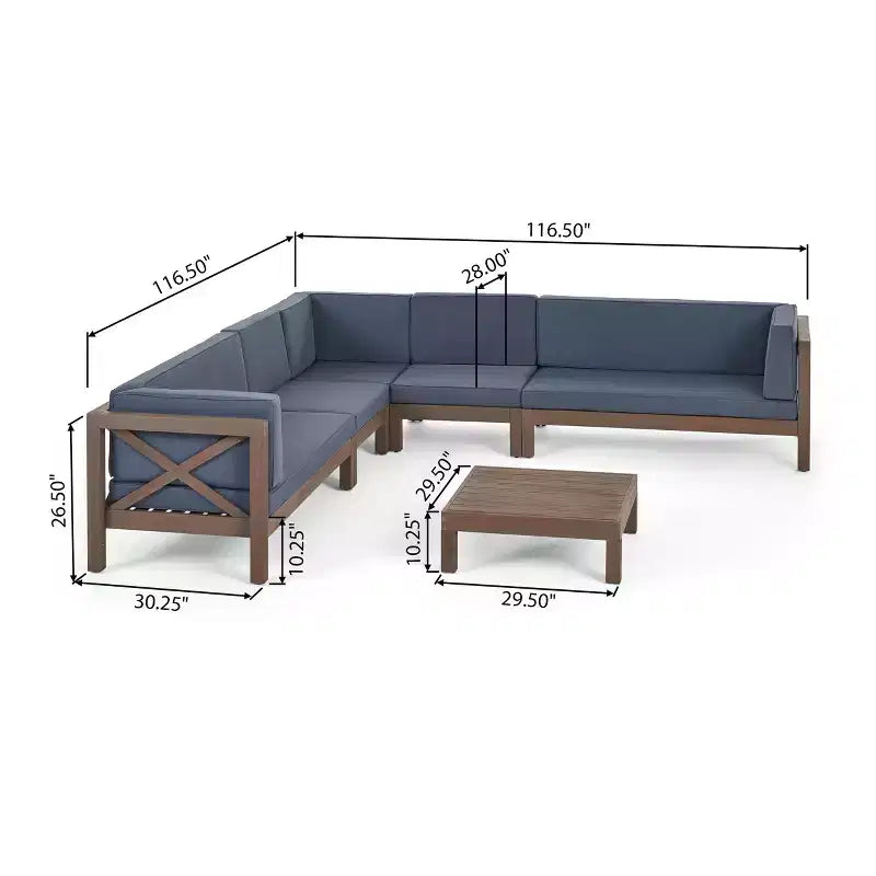 Christopher Knight Home Julie 6 Piece V-Shape Outdoor Acacia Wood Sectional Set with Coffee Table and Cushions