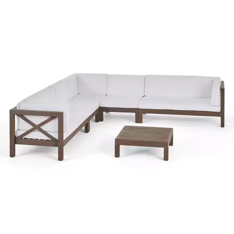 Christopher Knight Home Julie 6 Piece V-Shape Outdoor Acacia Wood Sectional Set with Coffee Table and Cushions