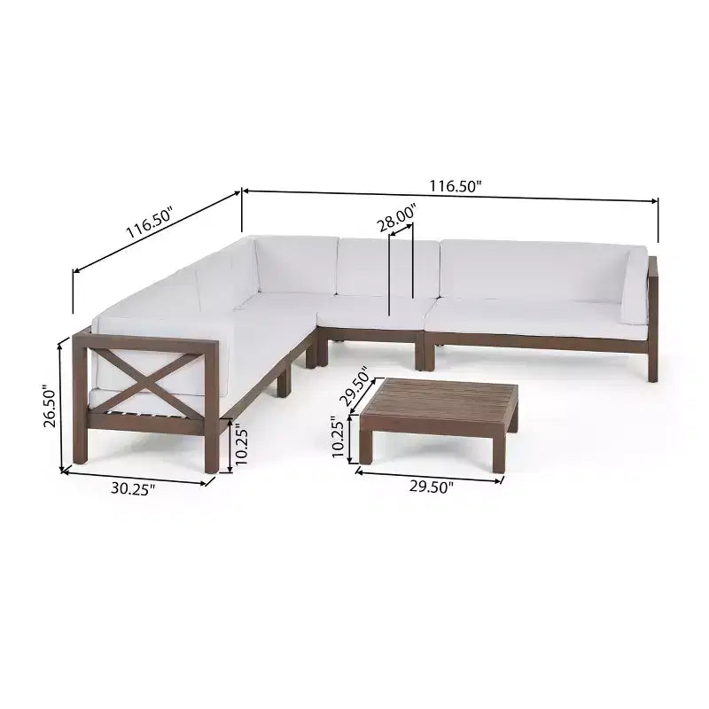 Christopher Knight Home Julie 6 Piece V-Shape Outdoor Acacia Wood Sectional Set with Coffee Table and Cushions