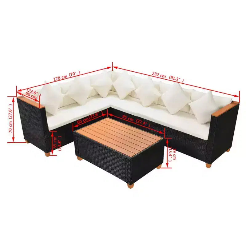 vidaXL 4-Piece Black Poly Rattan Patio Lounge Set with Cushions - Weather-Resistant Outdoor Comfort for Garden & Patio