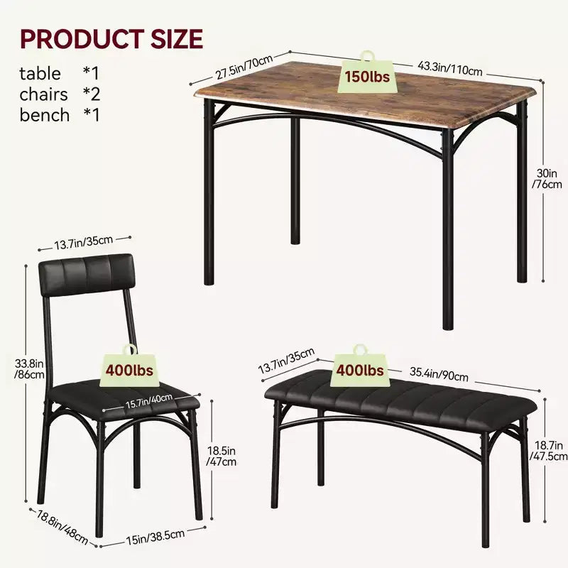 Dining Table Set for 4, Kitchen Table with 2 Upholstered Chairs and 1 Bench, Wood Rectangular Dining Table and Chairs Set for Small Space