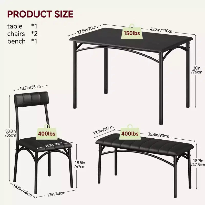 Dining Table Set for 4, Kitchen Table with 2 Upholstered Chairs and 1 Bench, Wood Rectangular Dining Table and Chairs Set for Small Space