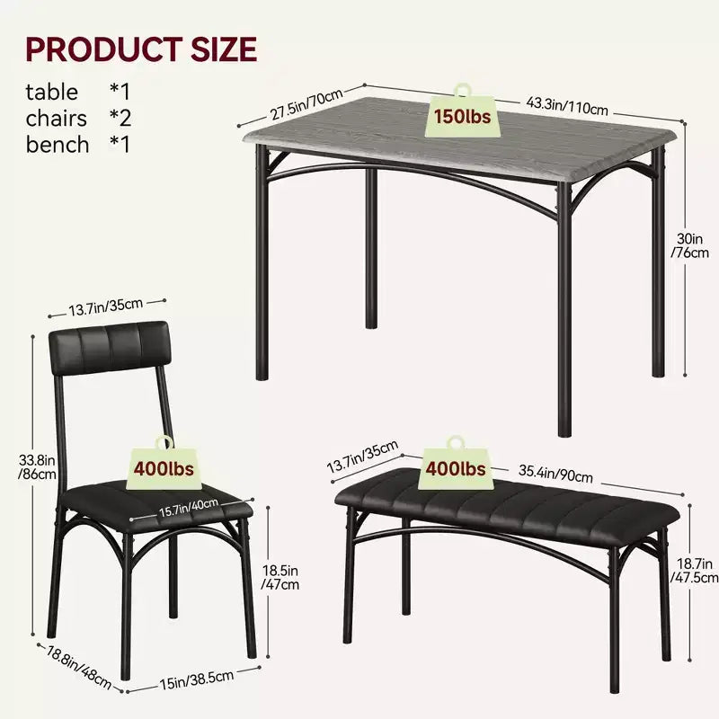 Dining Table Set for 4, Kitchen Table with 2 Upholstered Chairs and 1 Bench, Wood Rectangular Dining Table and Chairs Set for Small Space
