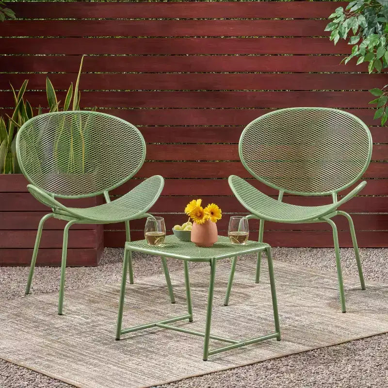 Christopher Knight Home James Outdoor 3 Piece Chat Set with Powder-Coated Iron Shell Chairs and Mesh Table