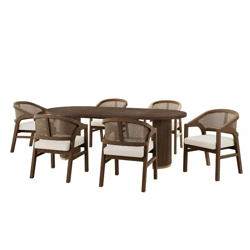 Christopher Knight Home Ilumia Rustic 7 Piece Rattan Rubberwood Upholstered Dining Chairs with Double Pedestal Oval Table