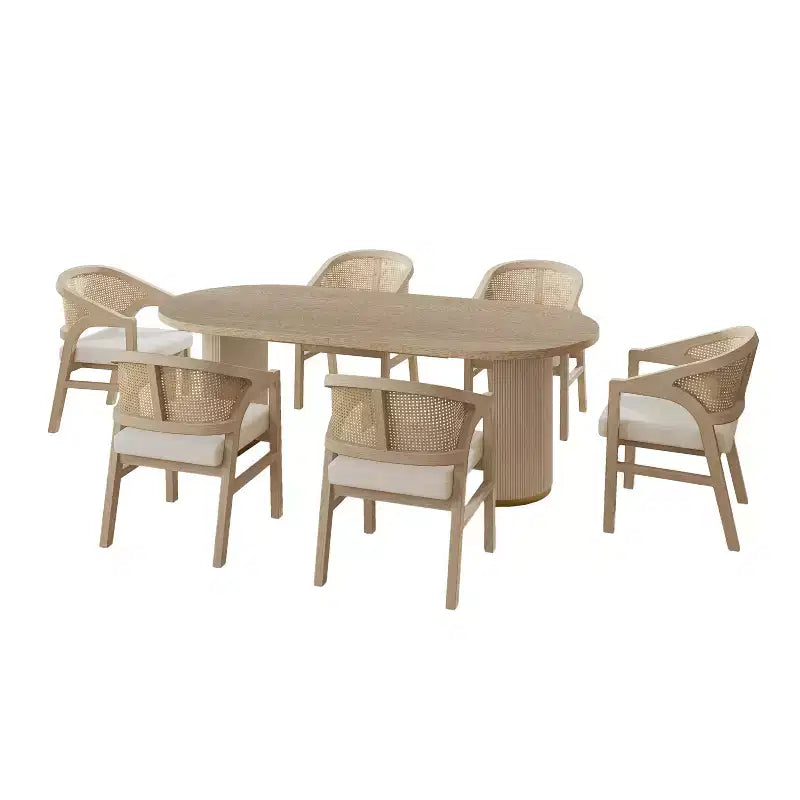 Christopher Knight Home Ilumia Rustic 7 Piece Rattan Rubberwood Upholstered Dining Chairs with Double Pedestal Oval Table