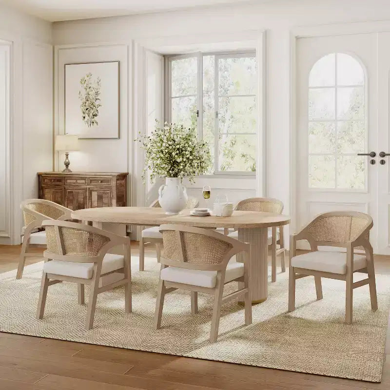 Christopher Knight Home Ilumia Rustic 7 Piece Rattan Rubberwood Upholstered Dining Chairs with Double Pedestal Oval Table