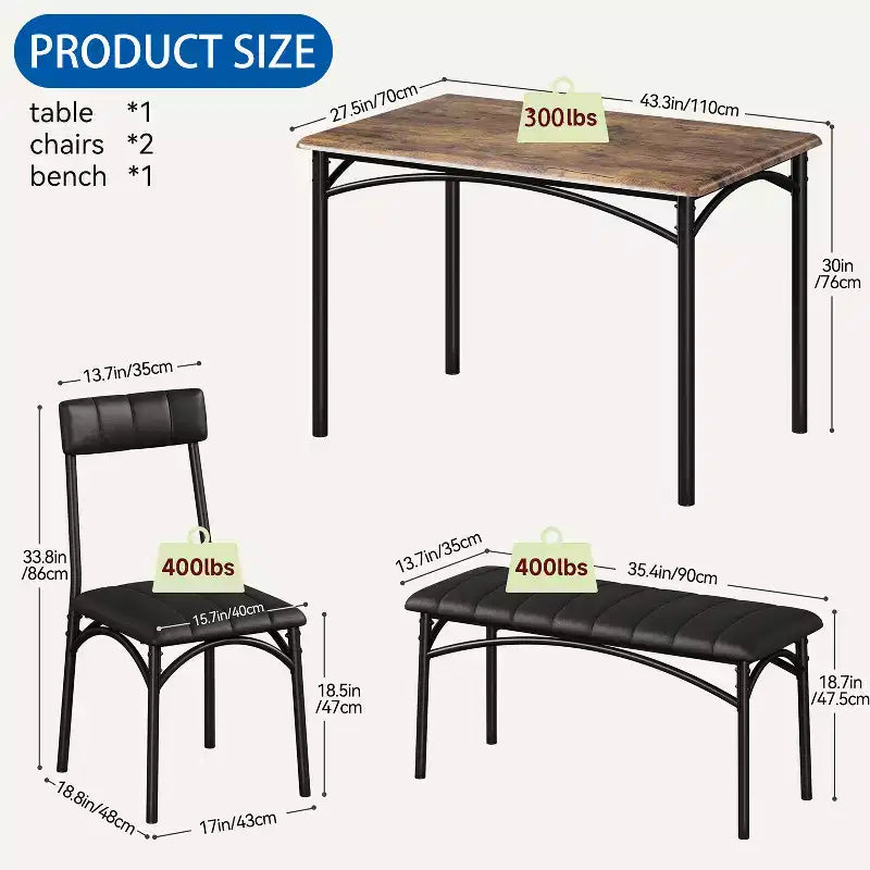 Ensemble table de salle à manger 4 places, table de cuisine avec chaises, table de salle à manger rectangulaire en bois avec banc rembourré pour petit espace, dîner, appartement