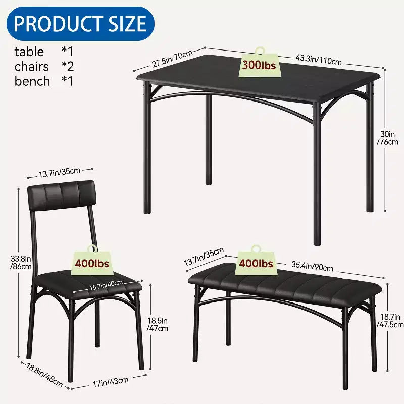 Ensemble table de salle à manger 4 places, table de cuisine avec chaises, table de salle à manger rectangulaire en bois avec banc rembourré pour petit espace, dîner, appartement