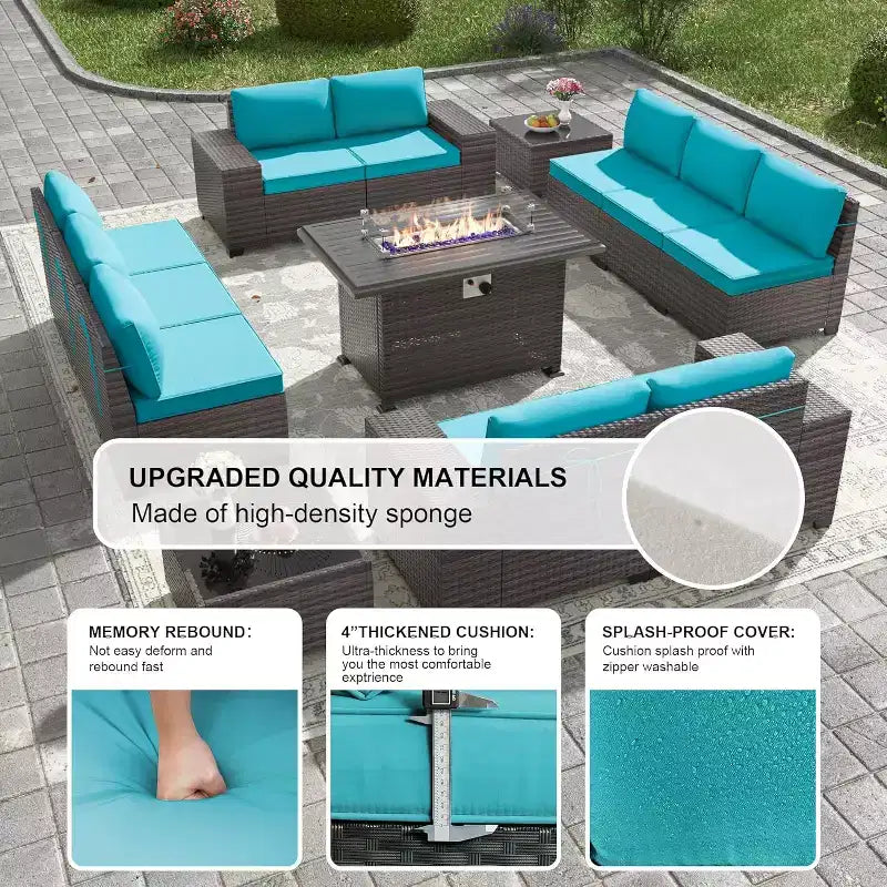 ALAULM Rattan Patio Furniture Sets 13 PCS w/Firepit table, outdoor wicker sets