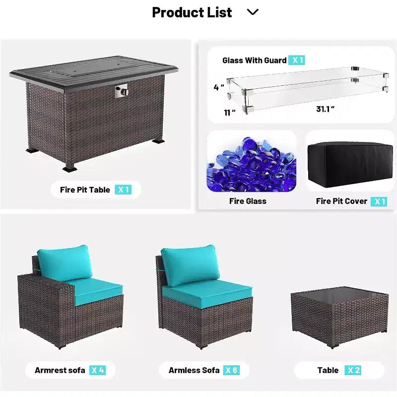 ALAULM Rattan Patio Furniture Sets 13 PCS w/Firepit table, outdoor wicker sets