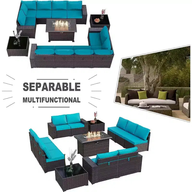 ALAULM Rattan Patio Furniture Sets 13 PCS w/Firepit table, outdoor wicker sets